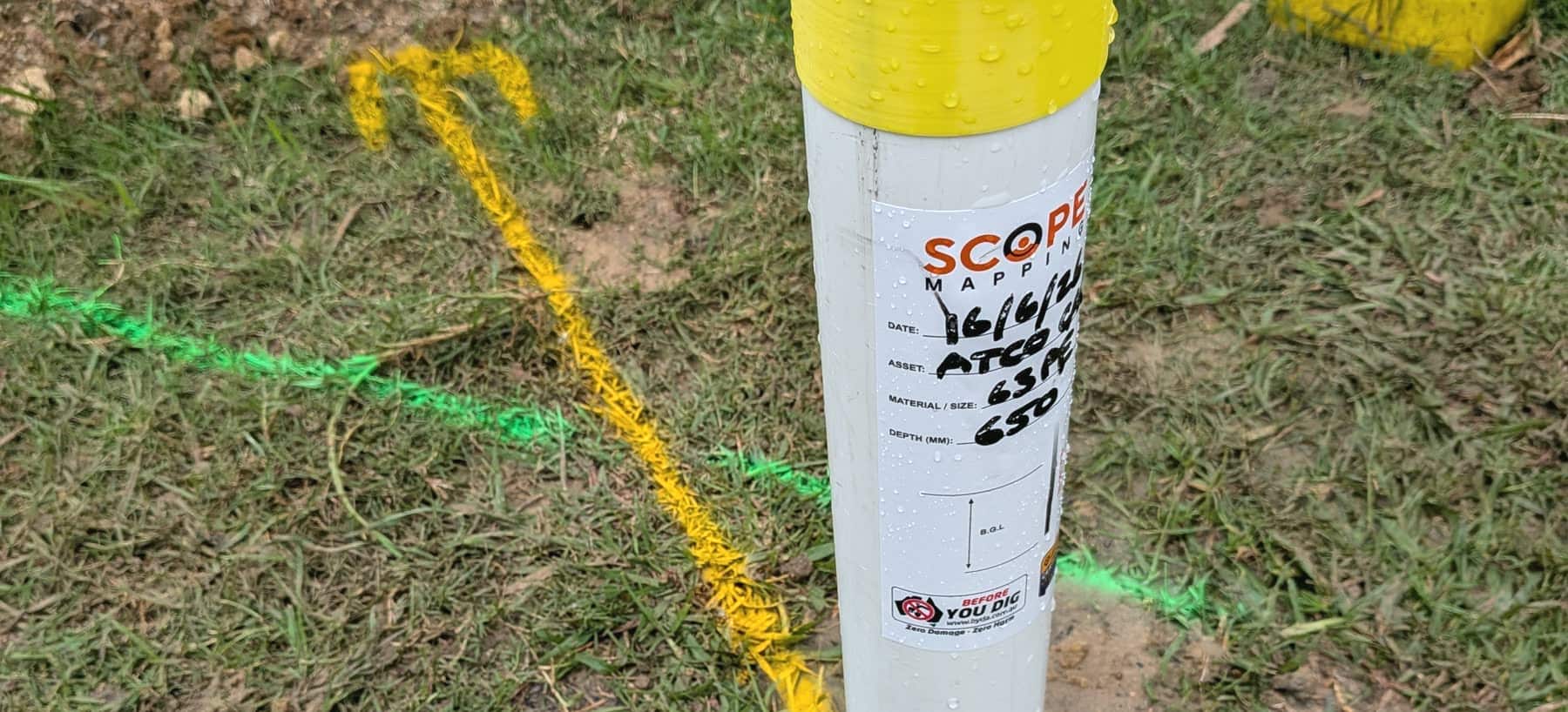 A Scope Mapping marker post beside colour-coded spray lines on a verge