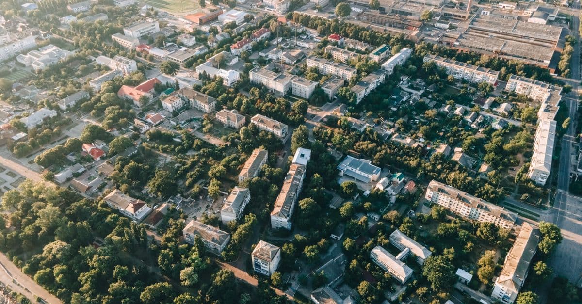 Aerial view of suburban streets and service corridors